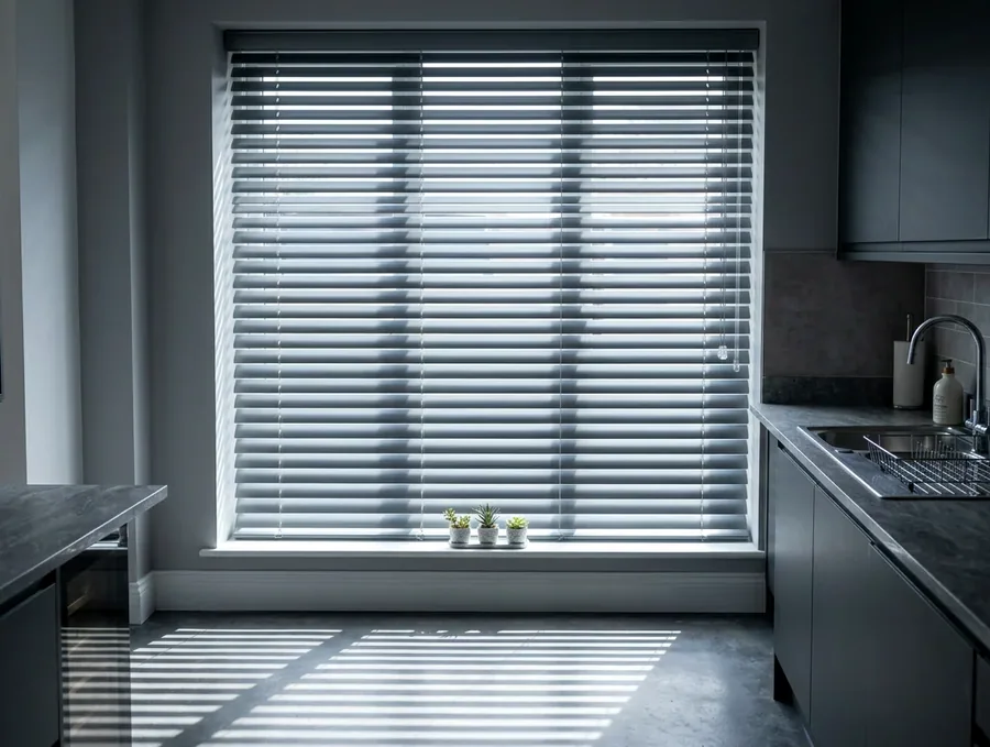 Wide aluminium venetian blind with tilted slats laying bands of light across a kitchen floor