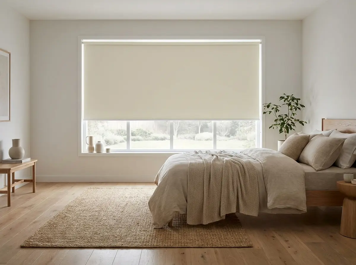 Main bedroom in a Mooikloof estate home with a cream blockout roller blind fully lowered