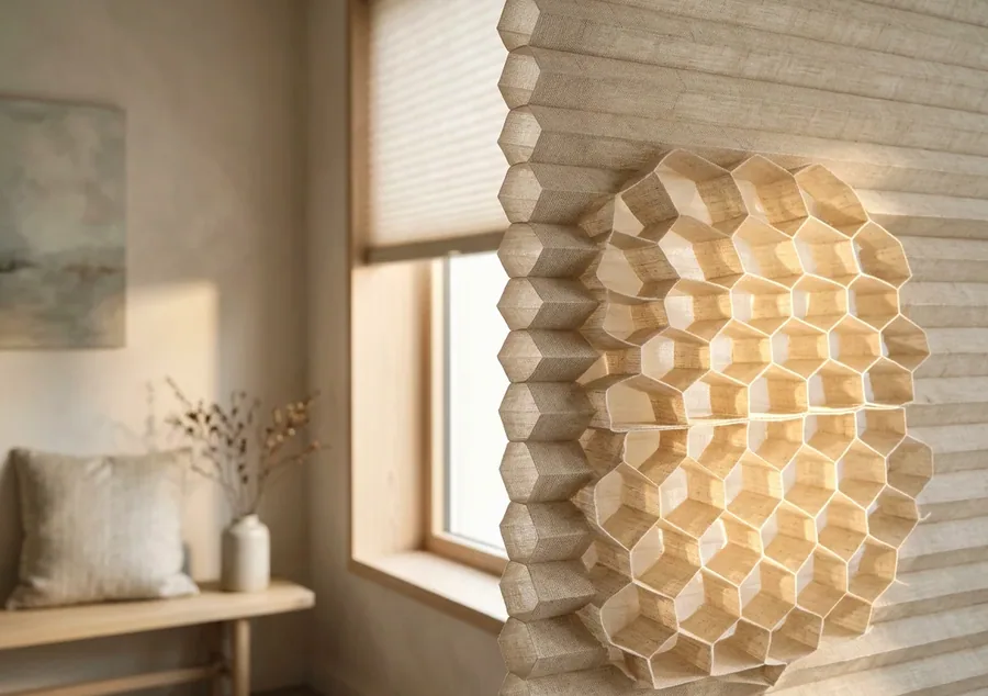 Close view of cellular honeycomb blind fabric showing the insulating air cells inside it