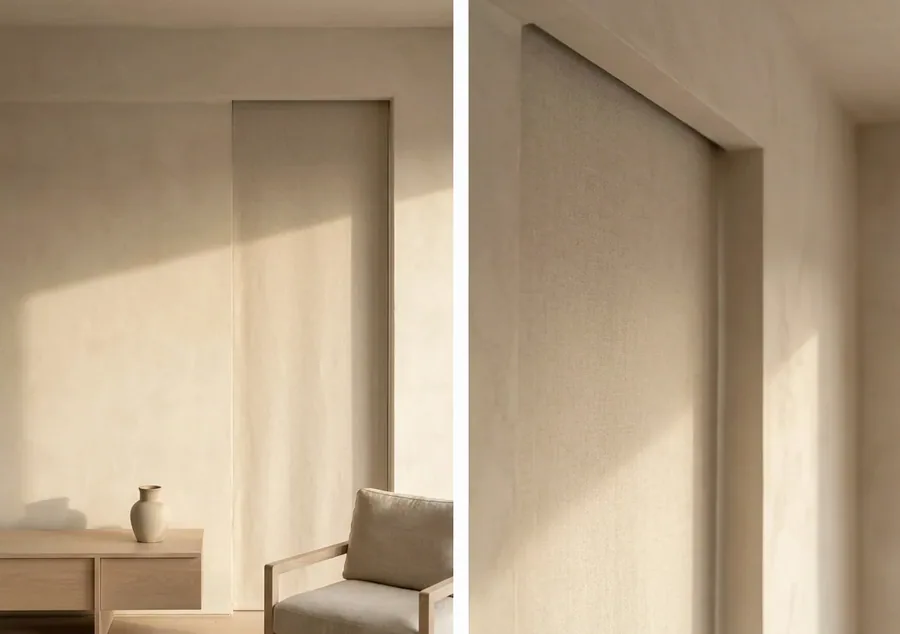 Concealed blind dropping from a recessed ceiling pocket, the headbox hidden inside the bulkhead