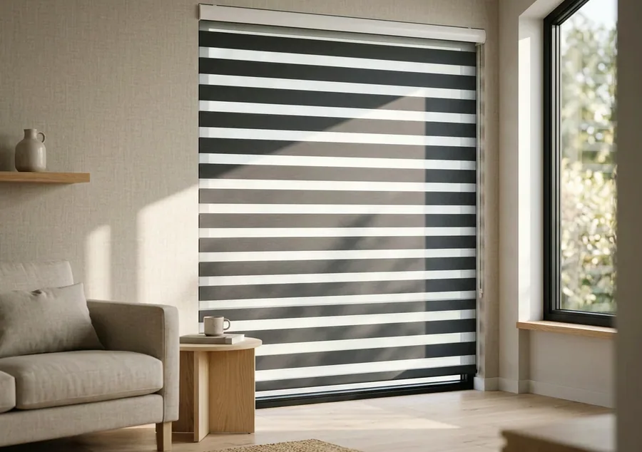 Day/night blind with alternating sheer and solid fabric bands drawn over a living-room window