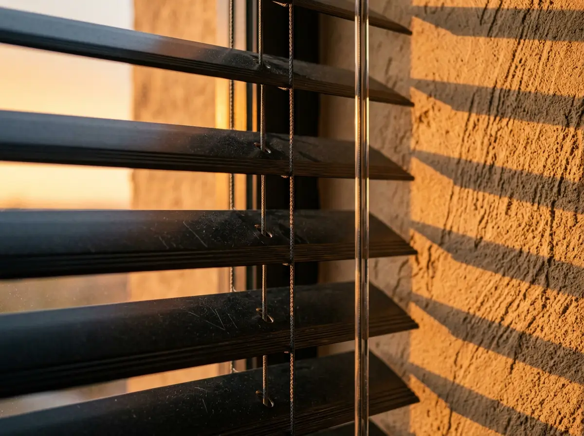 Close-up of aluminium venetian blind slats against a sunlit exterior wall, styled for a newly built Boardwalk Meander home