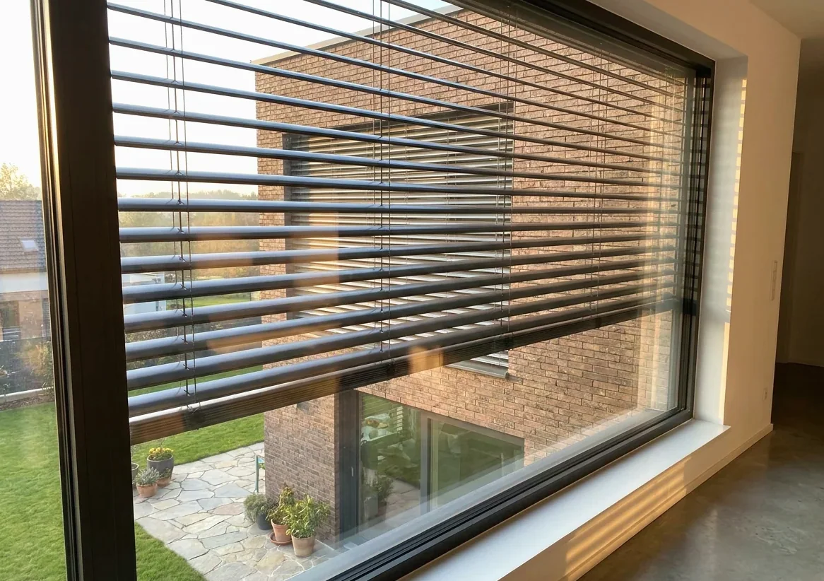 External venetian blind slats mounted outside a wide living-room window, tilted to stop the afternoon sun at the glass