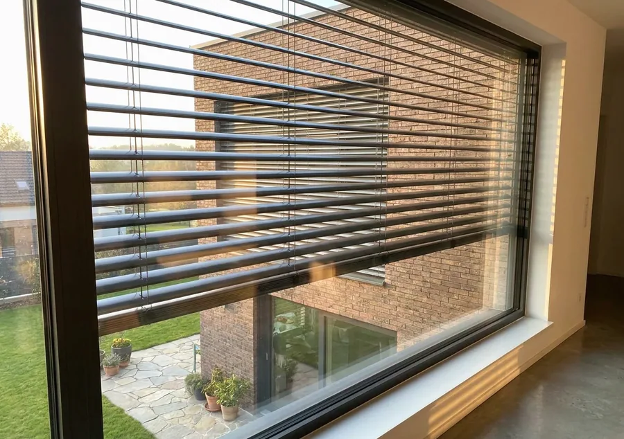 External venetian blind slats mounted outside a large window, stopping the sun at the glass