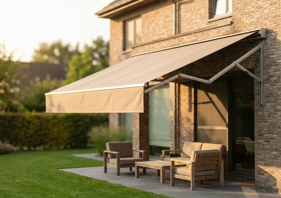 Folding-arm awning extended over a paved patio alongside a Mooikloof home at sunset