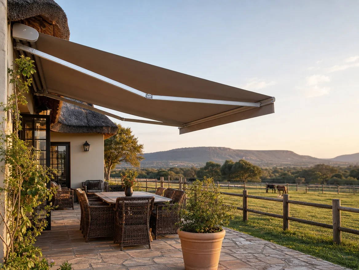 A folding-arm awning extended on hinged arms over a covered stone stoep and outdoor dining area of a thatch-roofed Mooikloof estate home, a horse paddock with post-and-rail fencing and the Bronberg ridge beyond in evening light