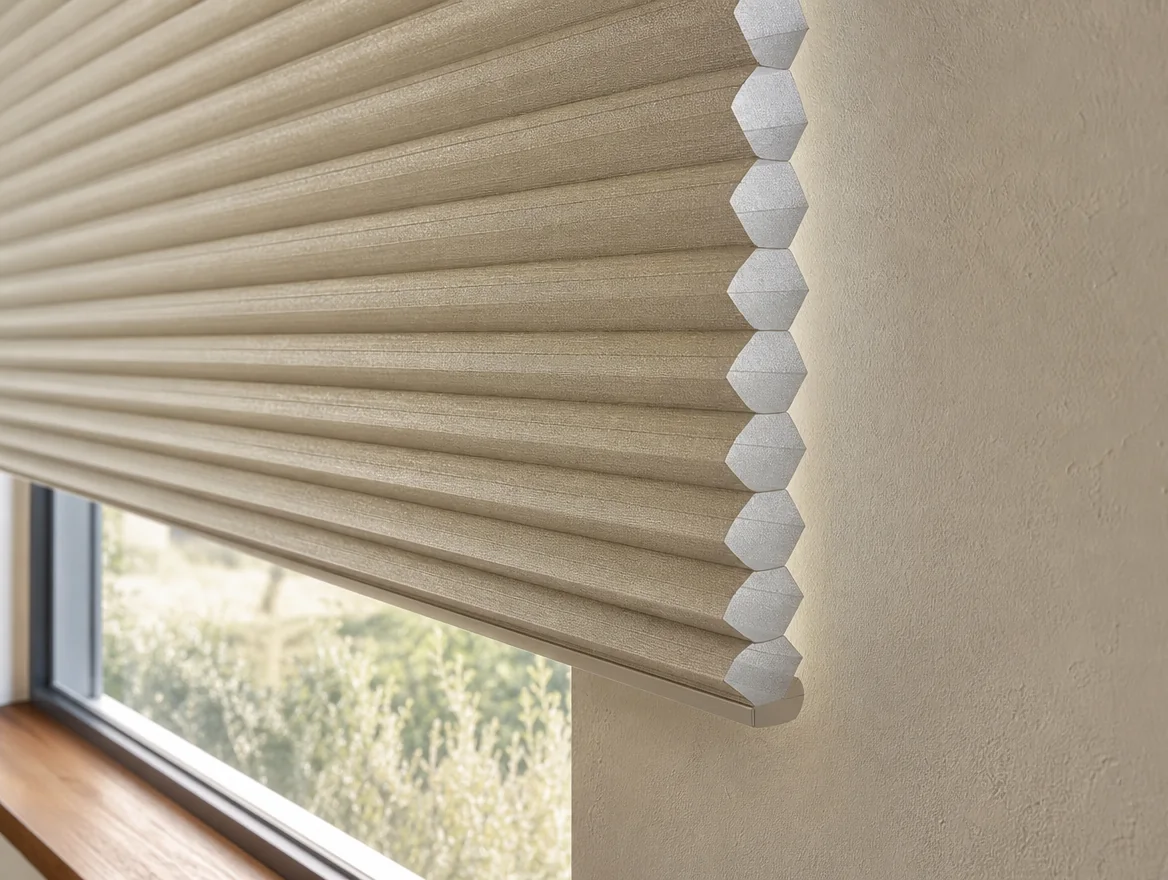 Close-up of a cordless cellular honeycomb blind lowered over a bedroom window in a Mooikloof estate home, the fabric showing its rows of hexagonal air-cell structure in cross-section, soft morning daylight filtering through