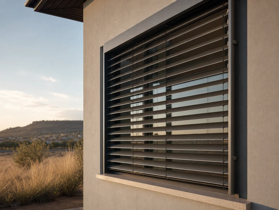 External venetian blinds mounted outside a west-facing window on a contemporary Pretoria East estate home, wide metal slats in side guide rails tilted to cut the low golden afternoon sun, dry highveld grass and a ridge behind