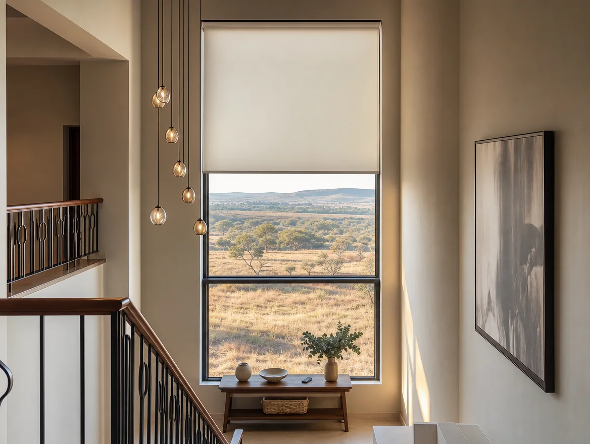 A smooth flat cream motorised roller blind descending over a tall window in a double-volume galleried stairwell of a Mooikloof estate home, a handheld remote on the console table below, dry paddock and ridge beyond the glass