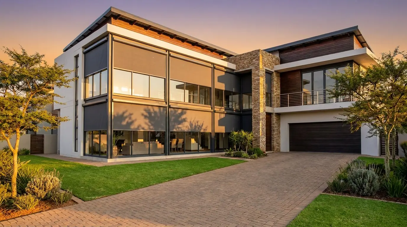 Modern estate home exterior in the Pretoria East area with motorised roller blinds visible in the windows