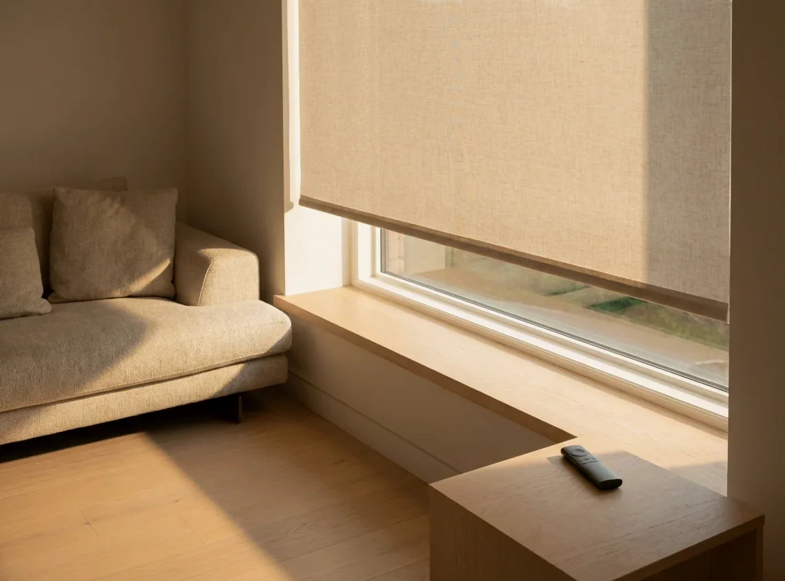 Motorised roller blind lowered over a sunlit window seat, its handheld remote resting on the side table