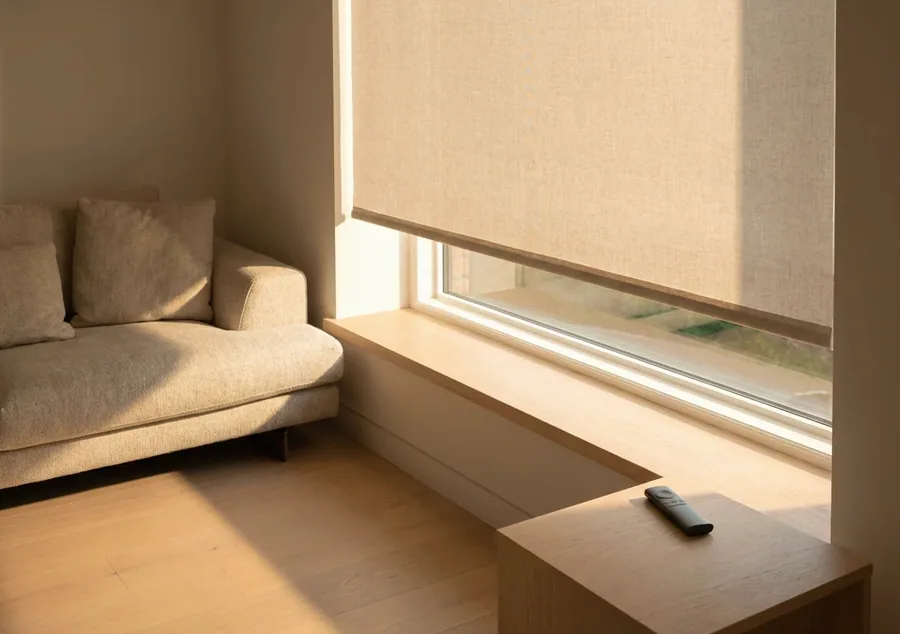 Motorised roller blind lowered over a window seat, its handheld remote resting on the side table