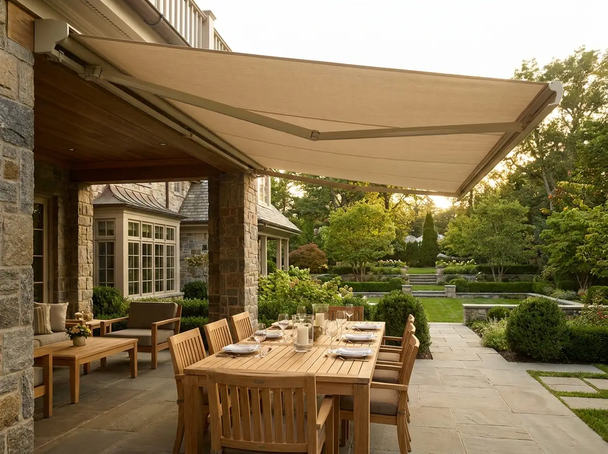 Covered outdoor entertainment patio in a Mooikloof estate home with a folding-arm awning extended over the dining table