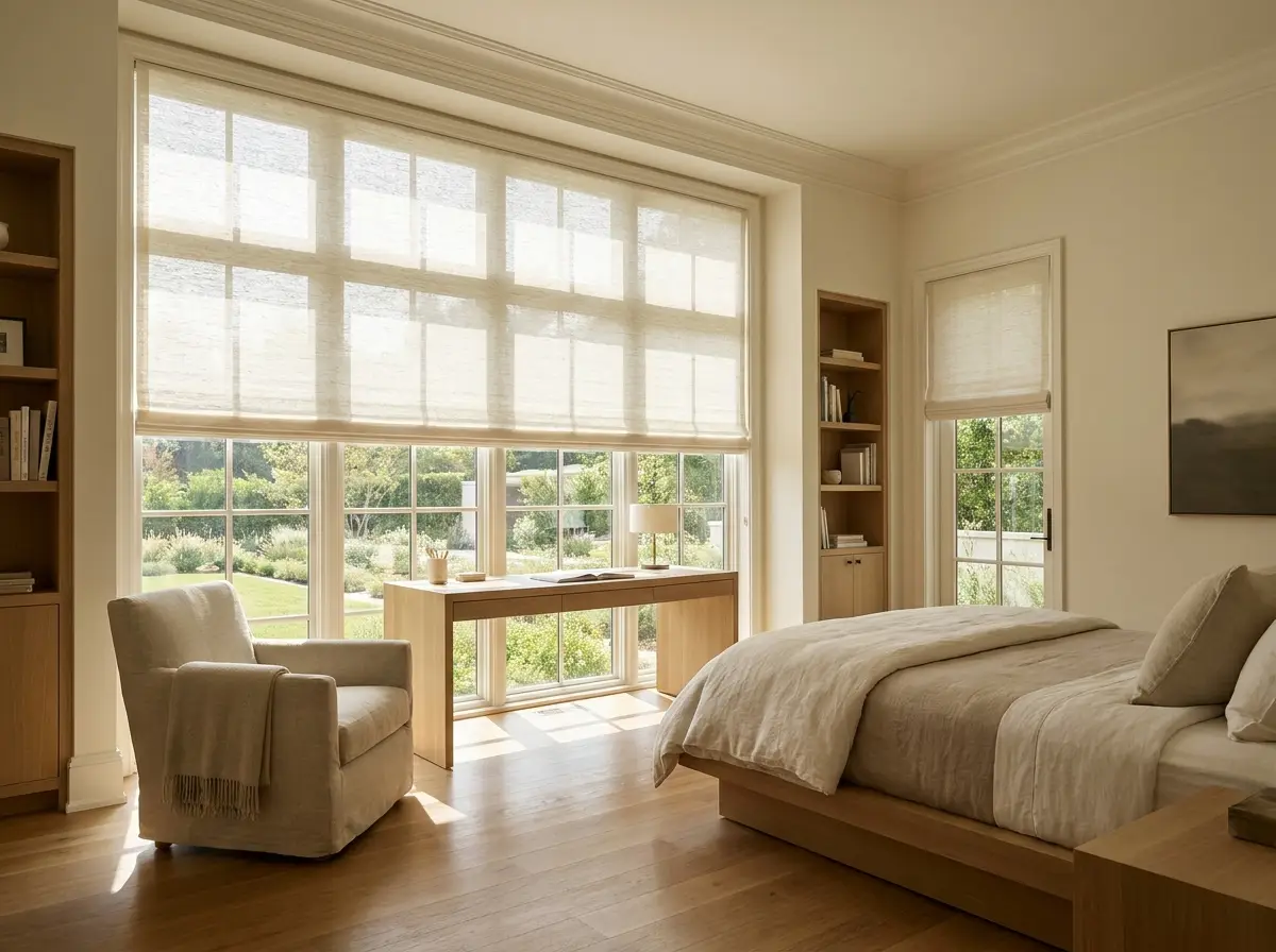 Sunlit study in a Mooikloof estate home with a light-filtering roller blind partly raised