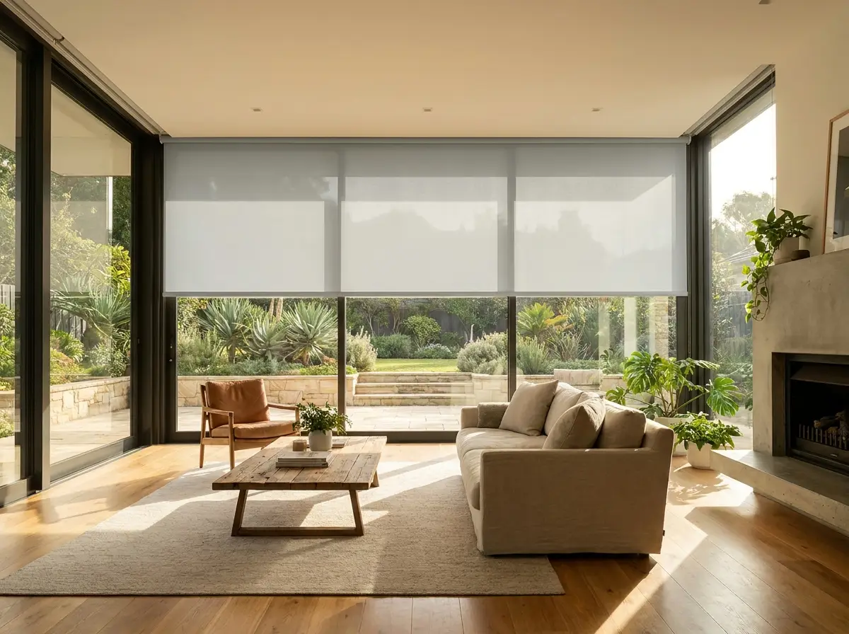 Pale grey sunscreen roller blind lowered halfway in an open-plan living room, holding the garden view