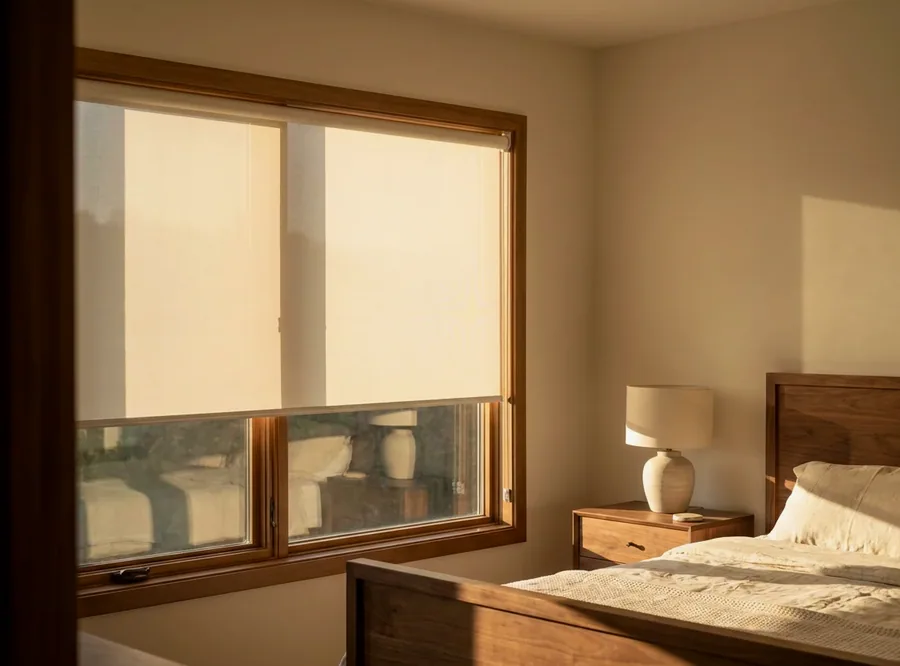Cream blockout roller blind drawn part-way down a timber-framed bedroom window in a Mooikloof home