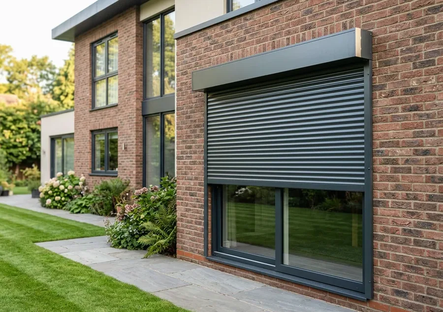 Aluminium roller shutter lowered part-way outside a ground-floor window for sun and glare control