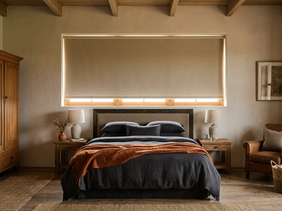 Bedroom styled for a family home in The Wilds, Pretoria East, fitted with a roller blind