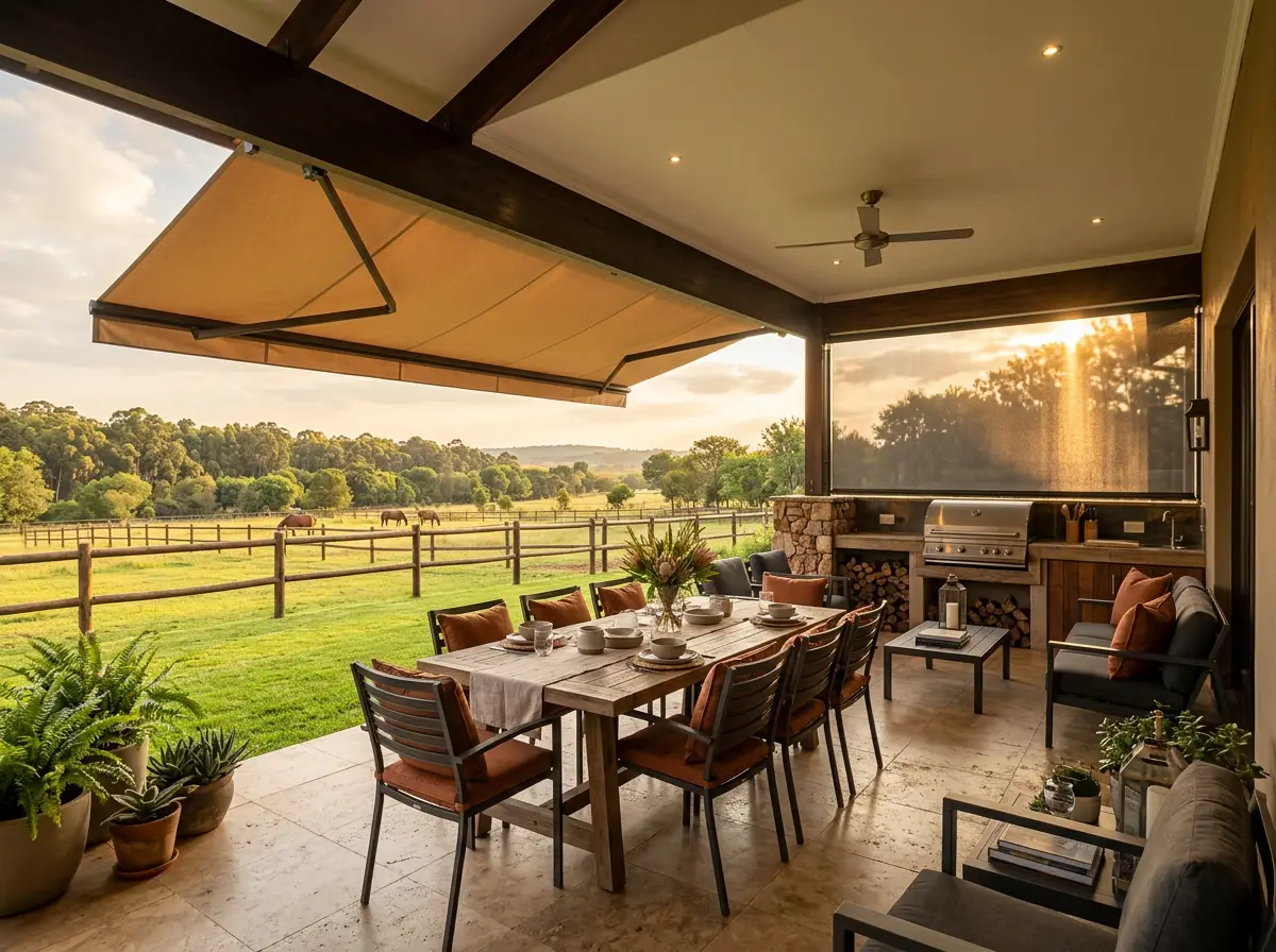 Covered patio with a folding-arm awning overlooking the estate grounds, styled for a Woodhill Golf Estate home
