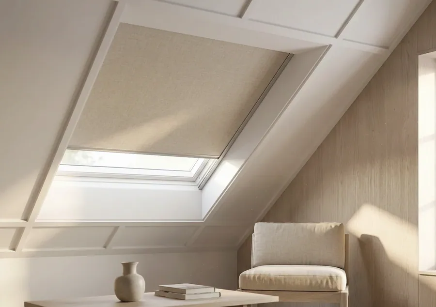 Skylight blind fitted neatly to an angled roof window in a Mooikloof loft room