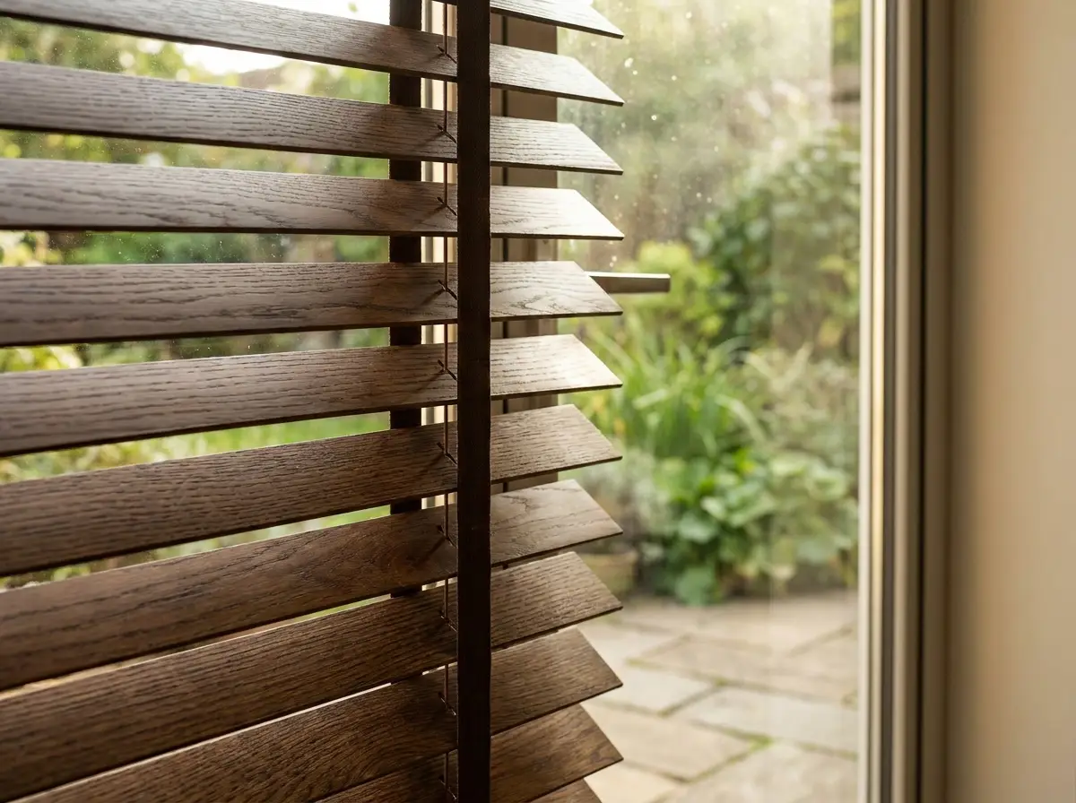 Close-up of timber venetian blind slats angled to filter bright light beside a garden glass door