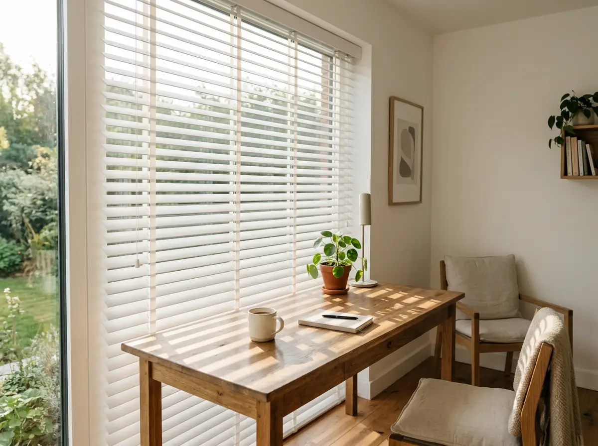 White aluminium venetian blind tilted open over a home office window, casting light stripes across a wooden desk