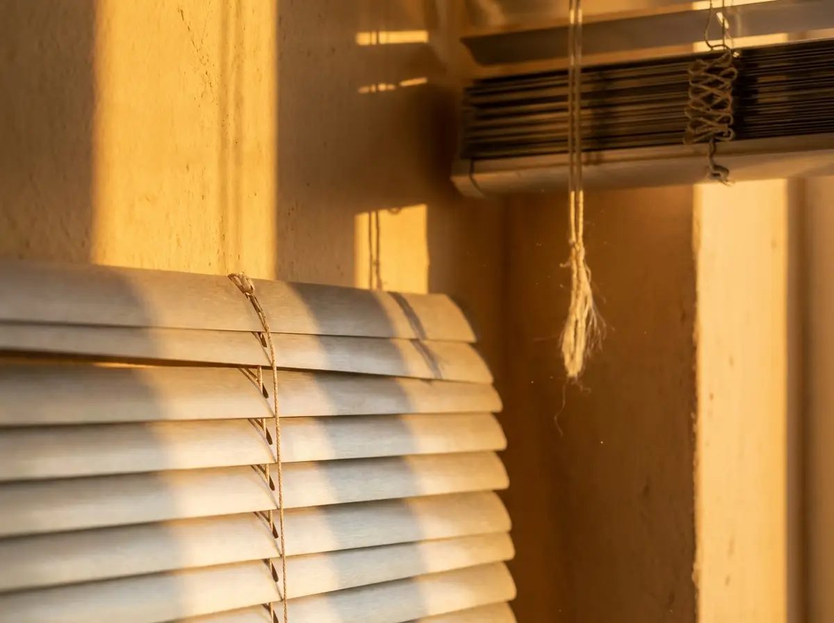 Close-up of aluminium venetian blind slats catching afternoon light against a plastered wall in Mooikloof