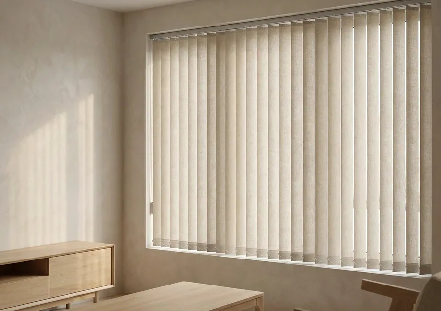 Linen-toned vertical blind vanes running the width of a corner window in a Mooikloof living room